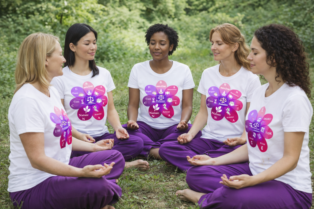 Groupe de femmes en méditation et échange dans la nature, coaching méthode BALANCE