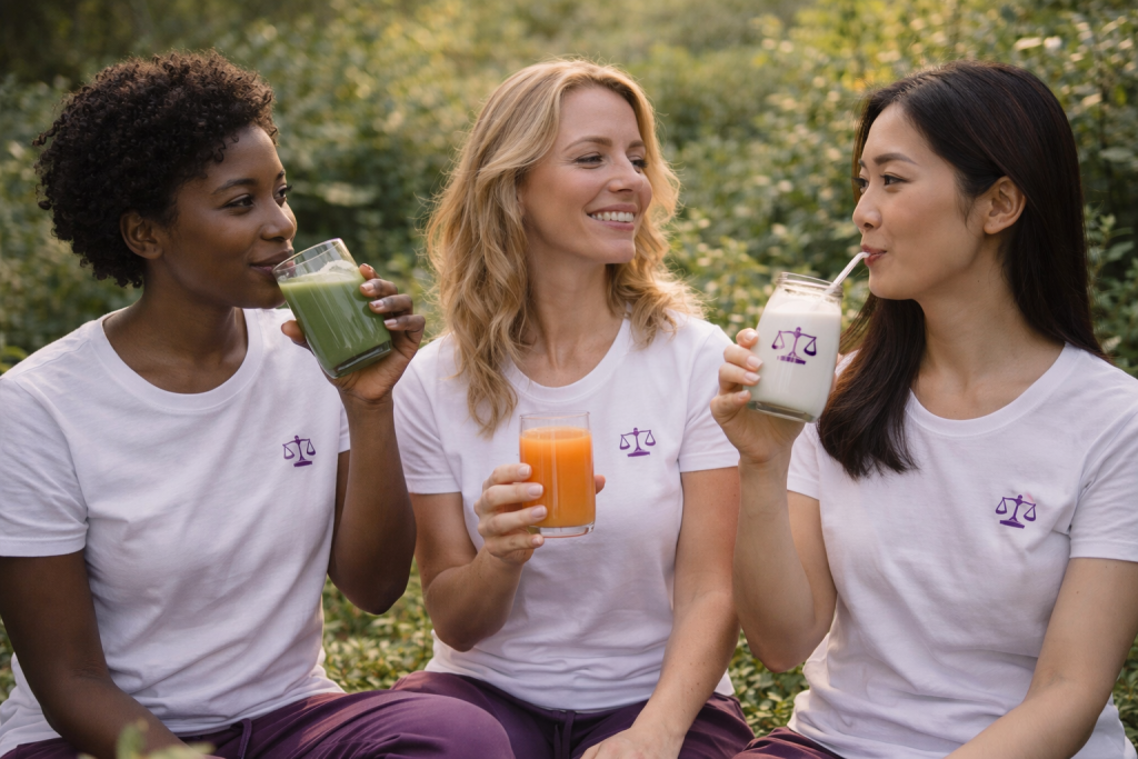 Trois femmes en pleine nature buvant des jus détox, ambiance calme et bien-être