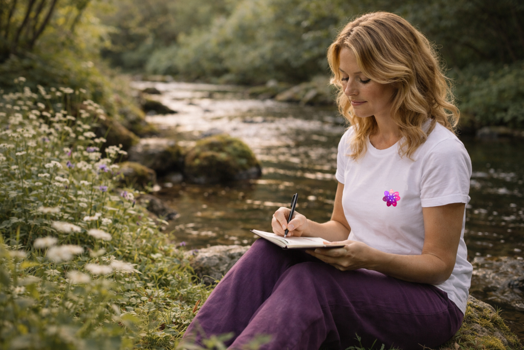 femme écrivant nature esprit réflexion équilibre