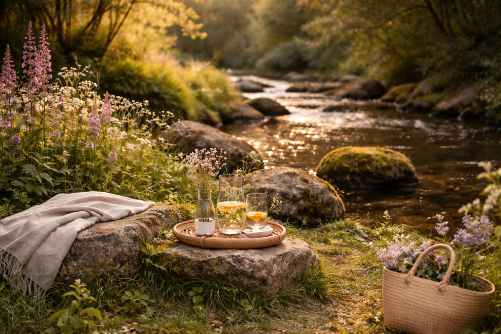 Ambiance nature apaisante au bord d’une rivière, cadre calme et bien-être propice à l’échange et au contact